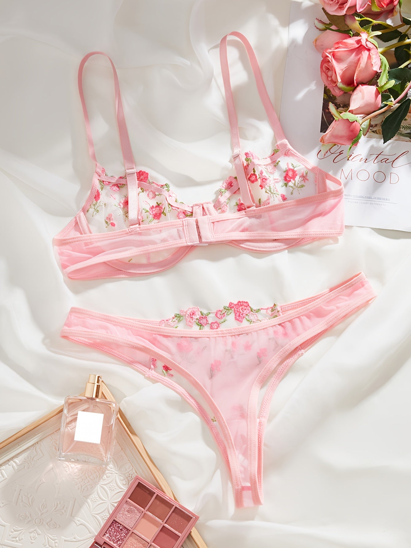 Floral Embroidery Lingerie Set.