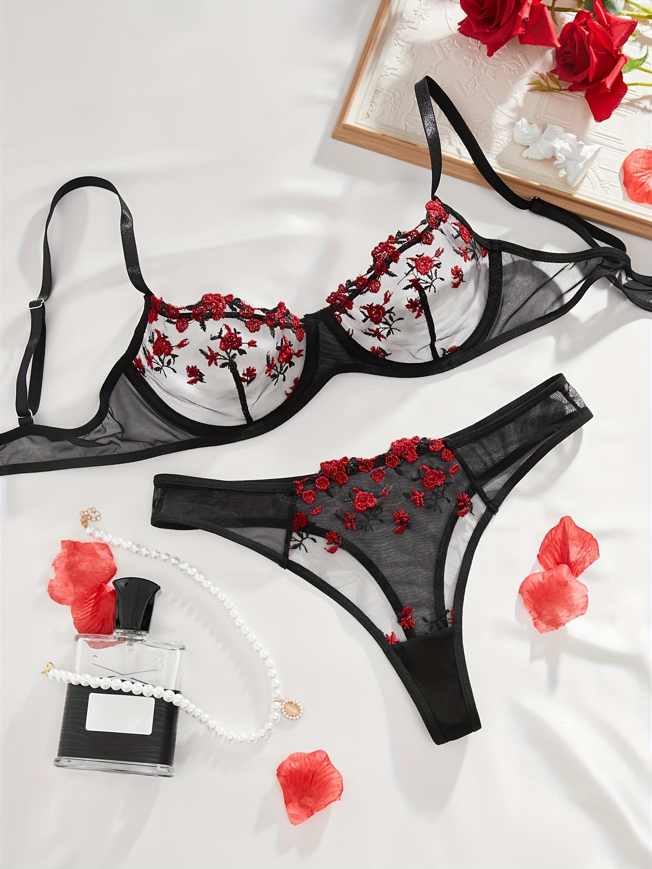 Floral Embroidery Lingerie Set.