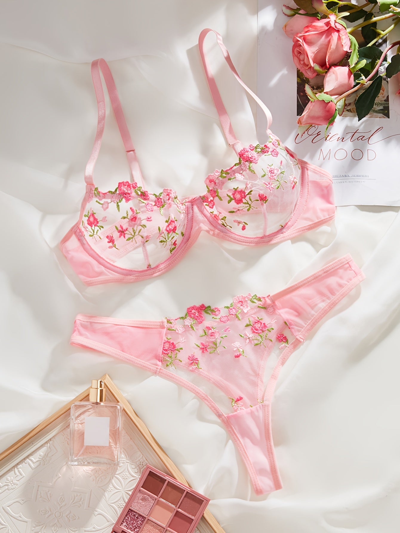 Floral Embroidery Lingerie Set.