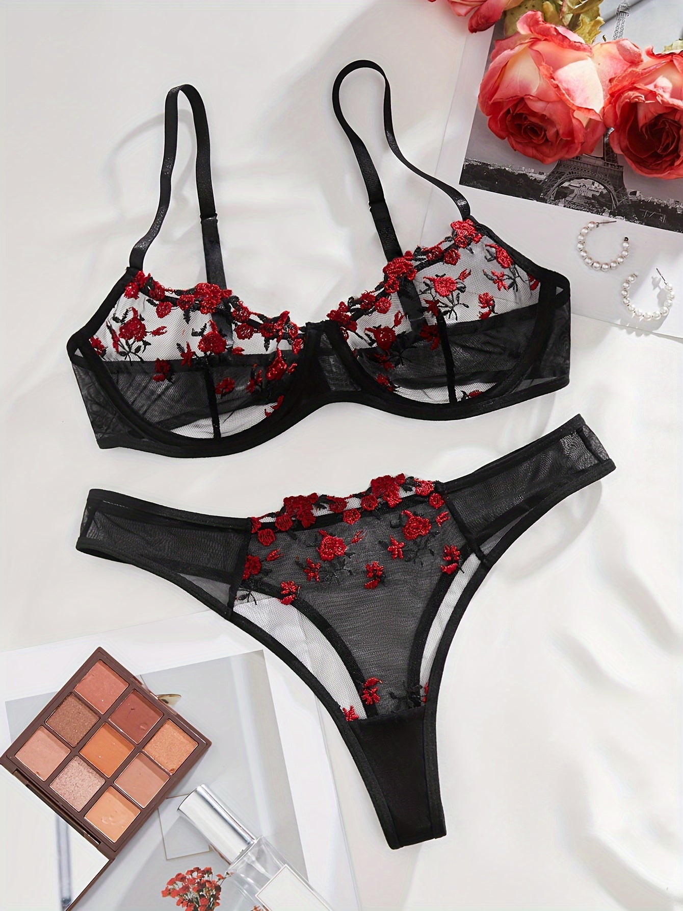 Floral Embroidery Lingerie Set.