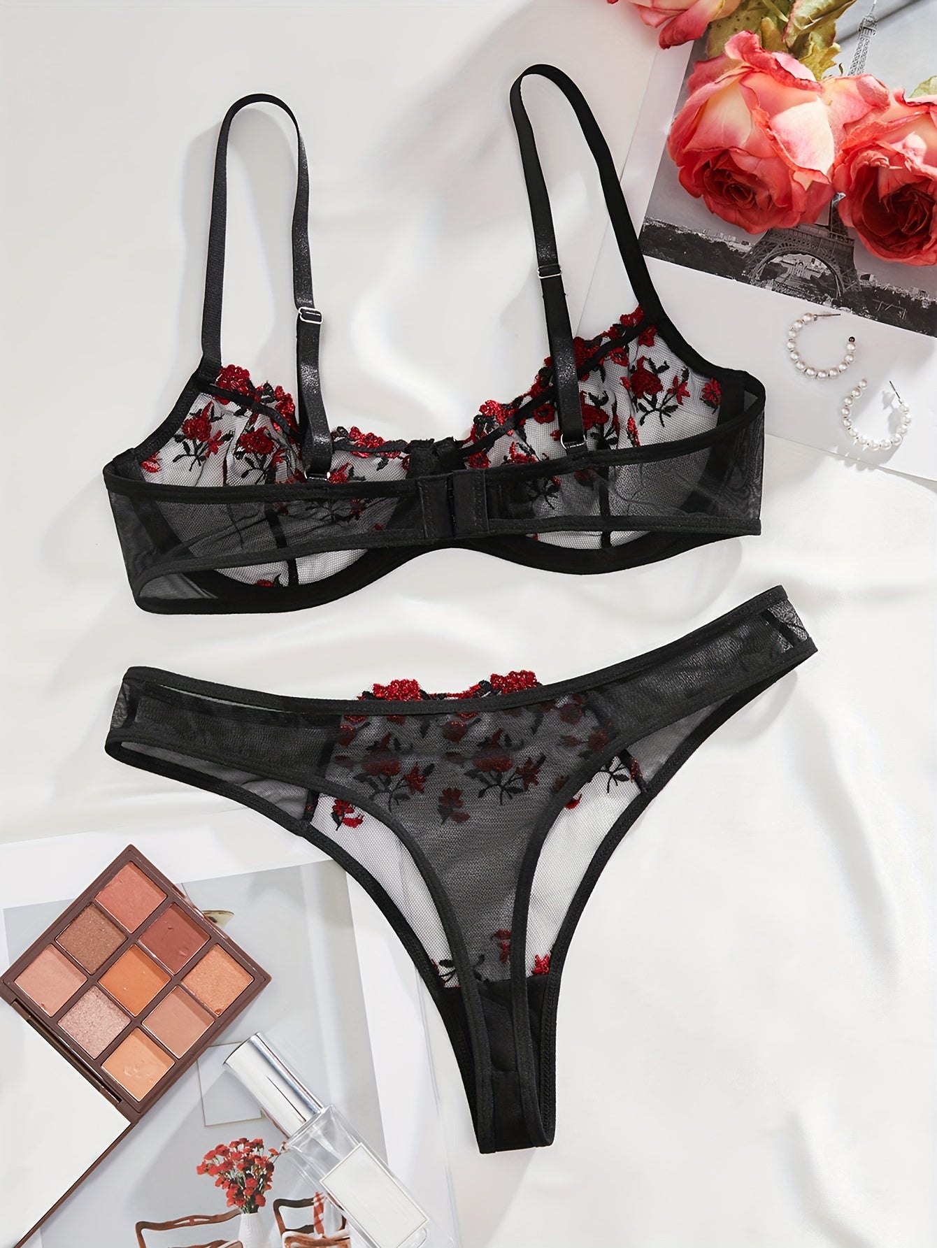 Floral Embroidery Lingerie Set.